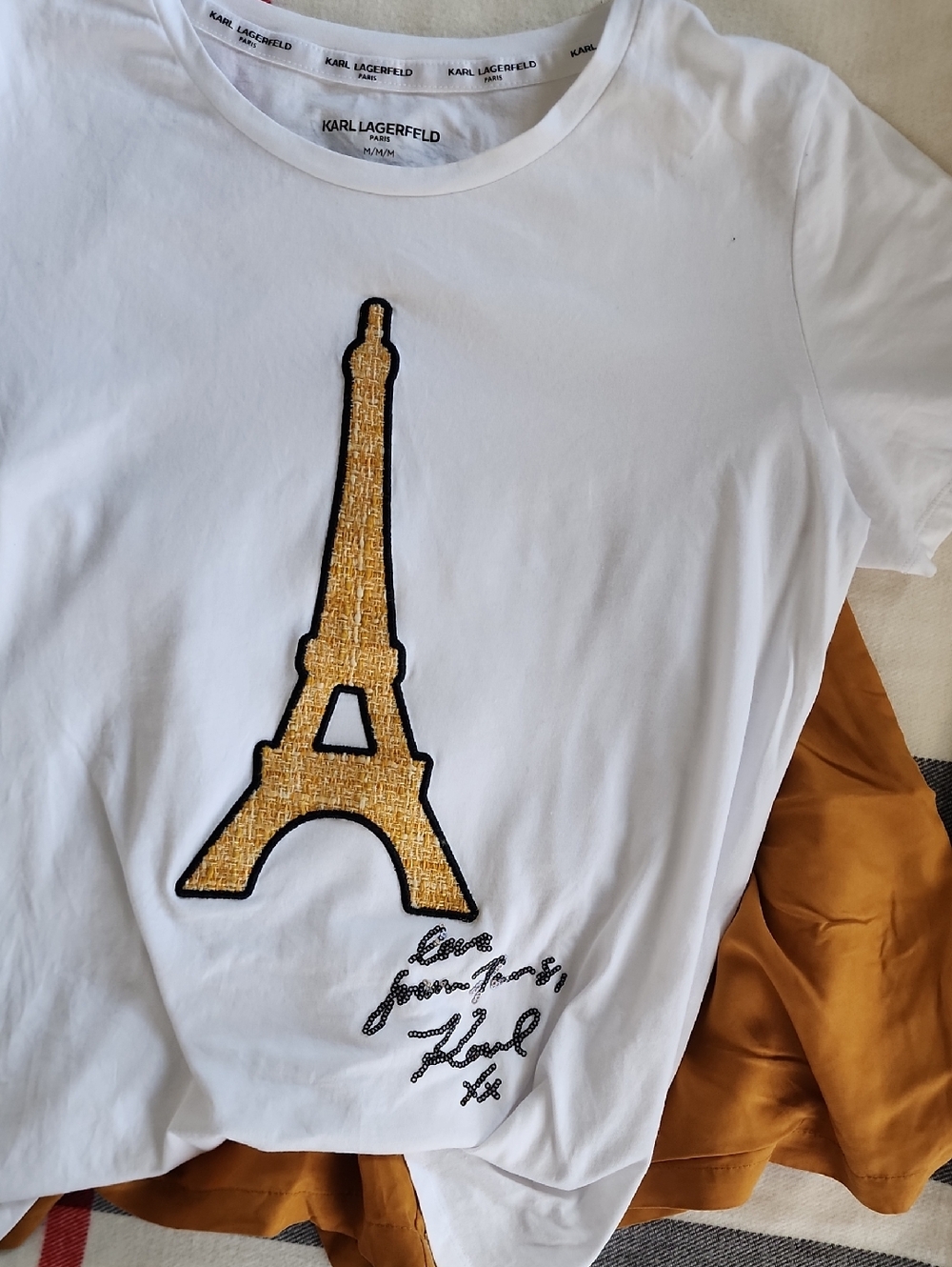 Karl Lagerfeld White Crew Neck Graphic Tee with Eiffel Tower Detail